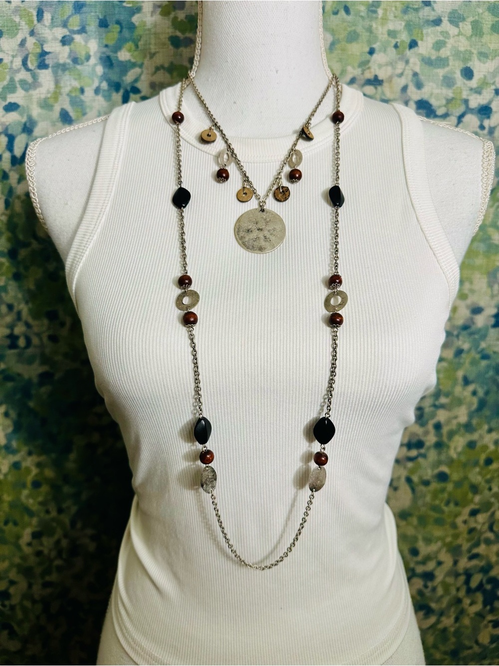 NWOT Boho Layered Coin Charm Beaded Long Statement Necklace 16-19”